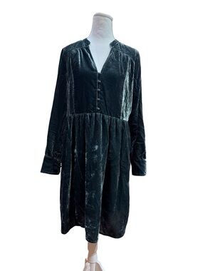 Anthropologie Holding Horses Green Velvet Dress Small Button Front Babydoll